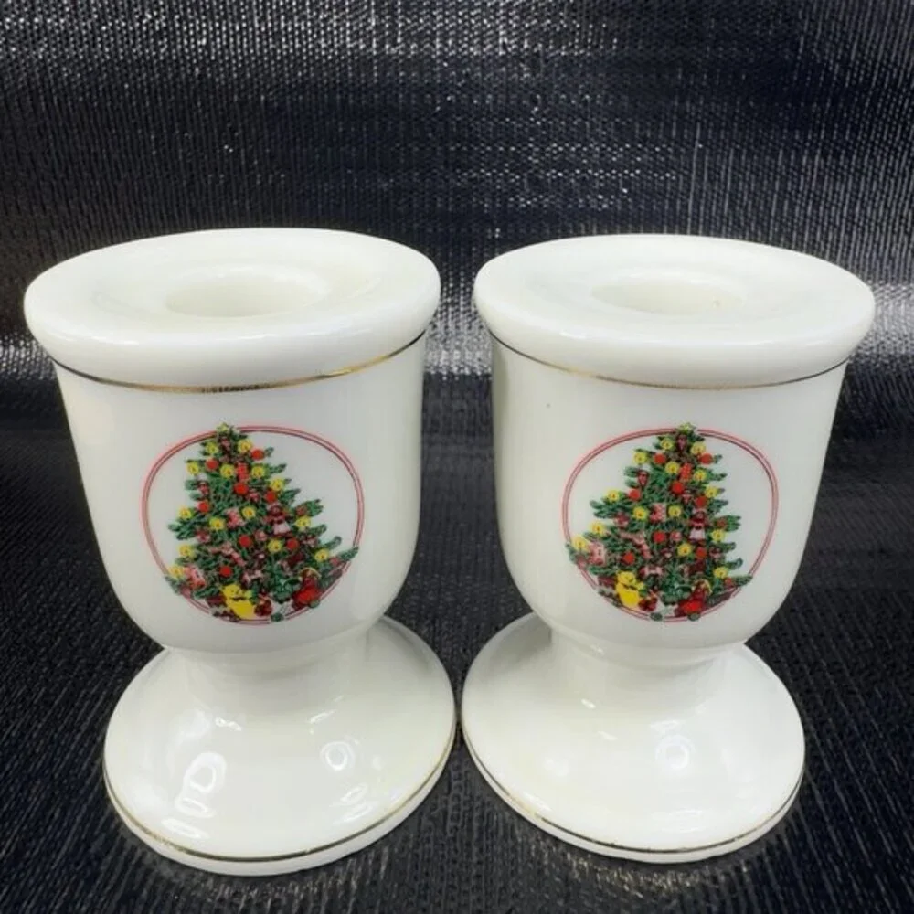 Vintage Japanese Porcelain Candle Stick Holder Set 2 Holiday Christmas Theme VTG